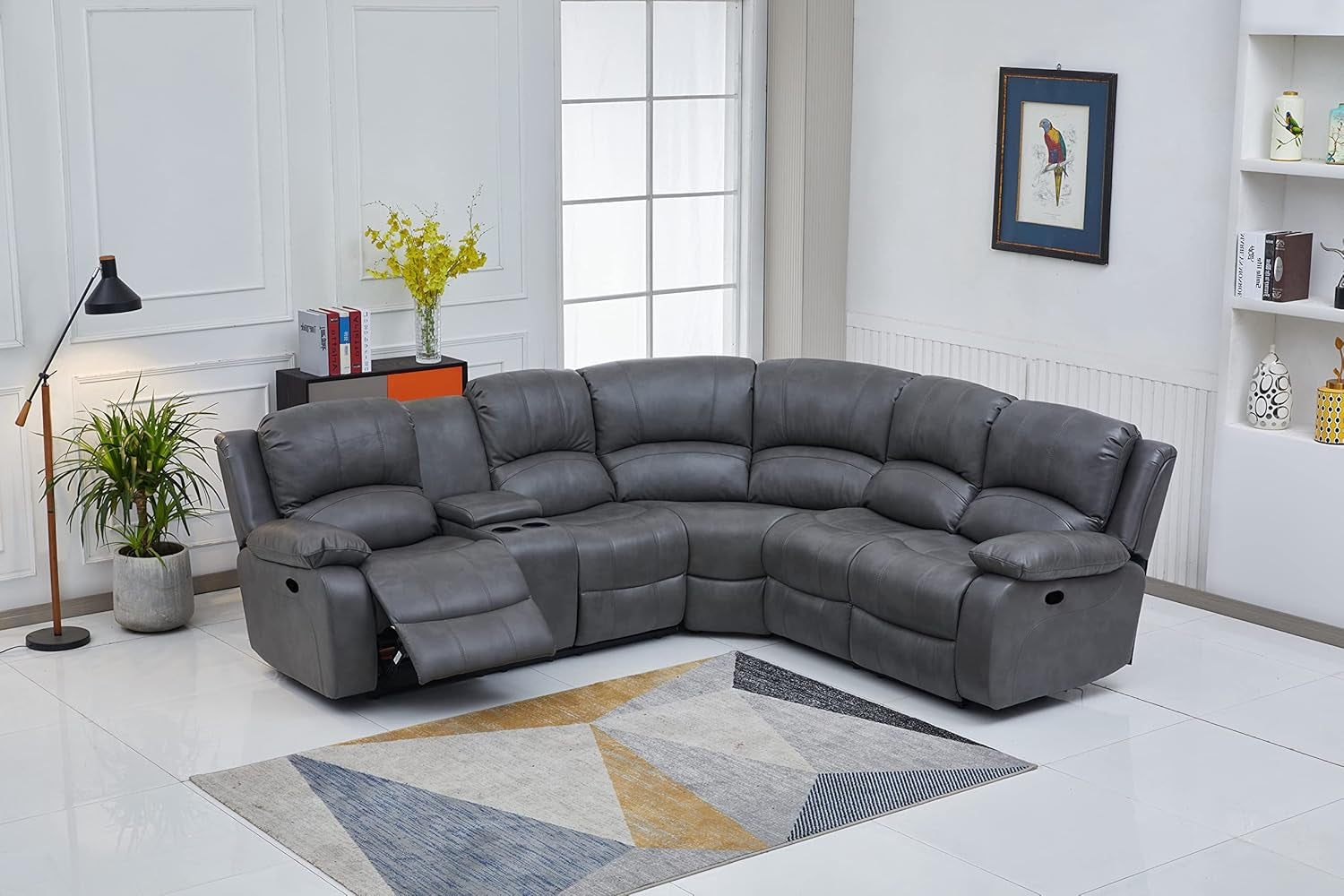 Bonded Leather Sectional Sofa 3 Recliners, Grey-4