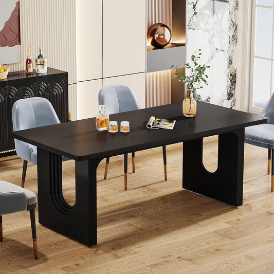 Modern Dining Table for 6 People, 71" Large Kitchen Dining Table with Wood Pedestal Base, Rectangular Long Dinner Table for Kitchen, Dining Room, Living Room, Black-0