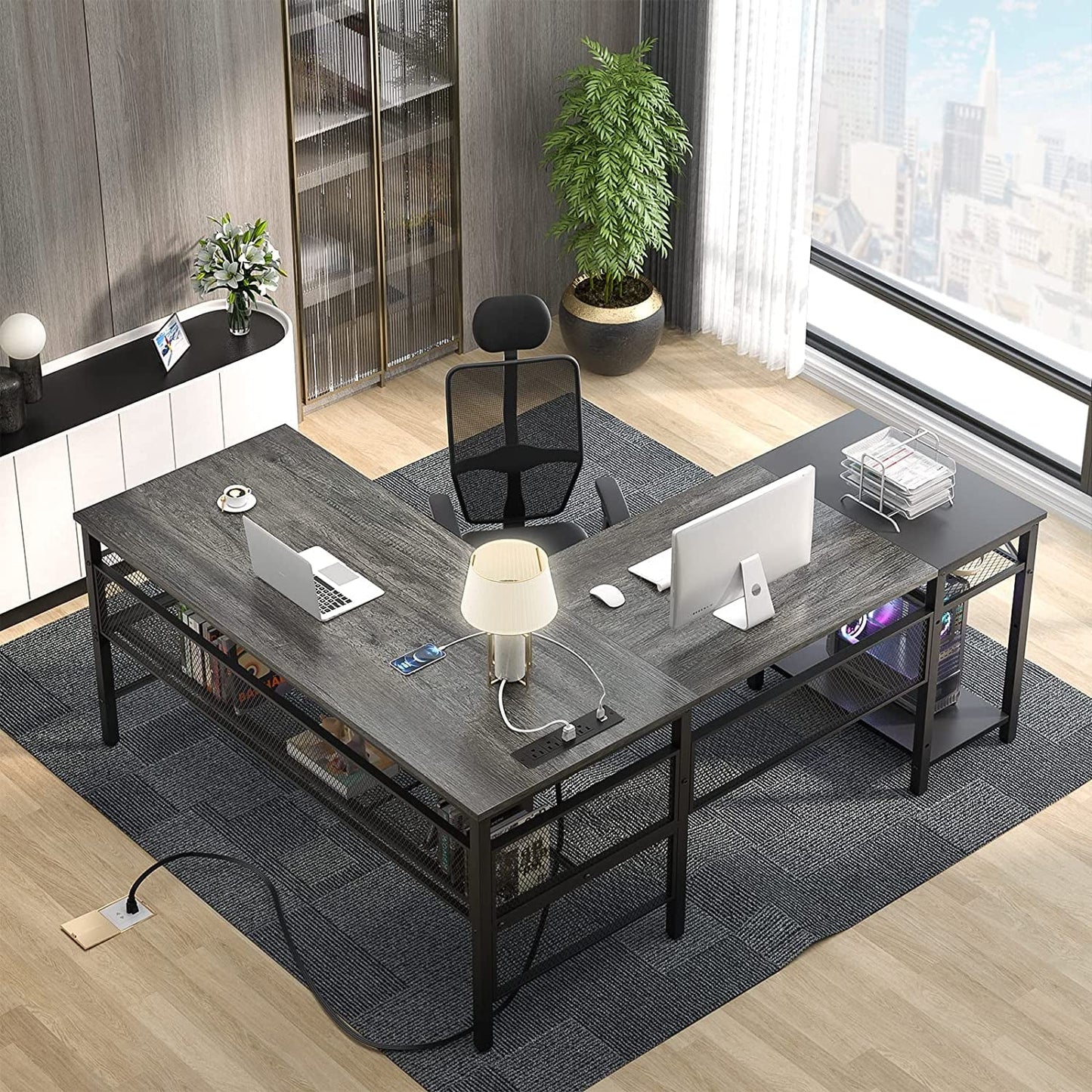 L-Shaped Computer Desk with USB and Power Outlet-0