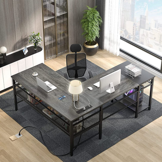 L-Shaped Computer Desk with USB and Power Outlet-0