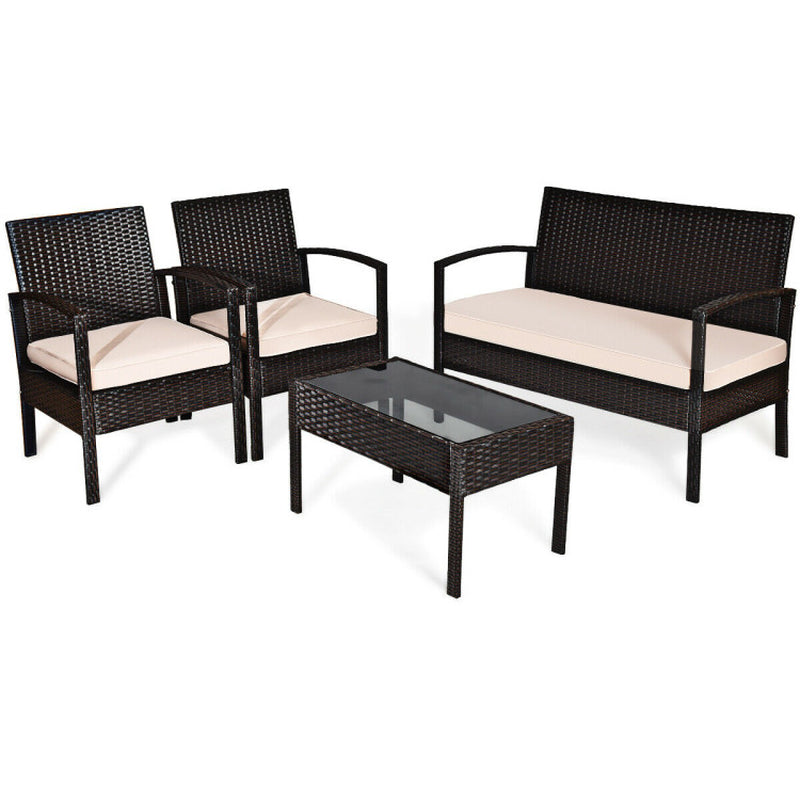 4 Pieces Patio Rattan Conversation Set with Loveseat Sofas and Coffee Table-2