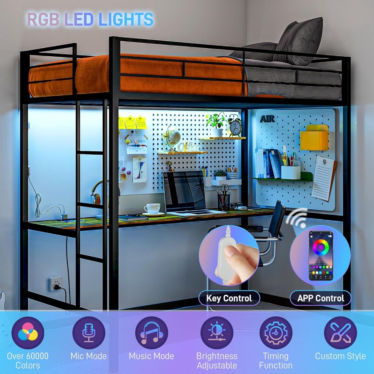 Loft Bed Twin Size with Desk, LED Lights, Charging Station, Metal Loft Bed Frame for Teens and Adults with Safety Guardrail and Ladder, Space-Saving, Noise Free, No Box Spring Needed, Black-3