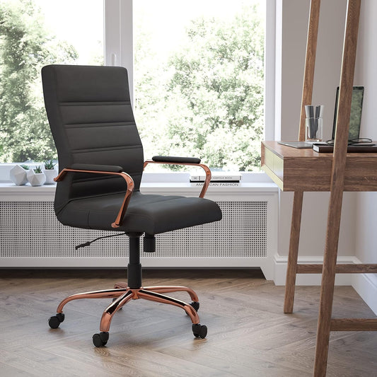 Whitney High-Back Swivel Leathersoft Desk Chair with Padded Seat and Armrests, Adjustable Height Padded Office Chair, Black/Rose Gold-1