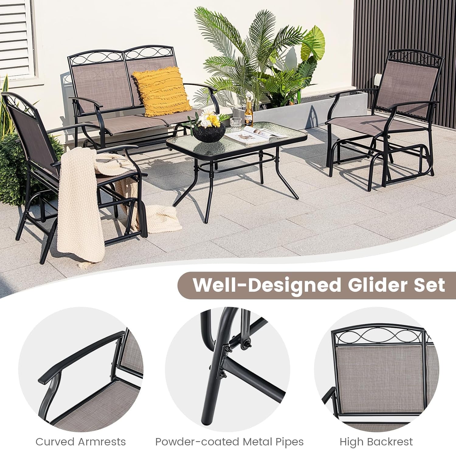 4 Pcs Patio Glider Set, Outdoor Gliding Loveseat W/Tempered Glass Coffee Table, Heavy-Duty Patio Furniture Set for Backyard, Porch, Poolside (4 PCS Patio Glider Set)-3