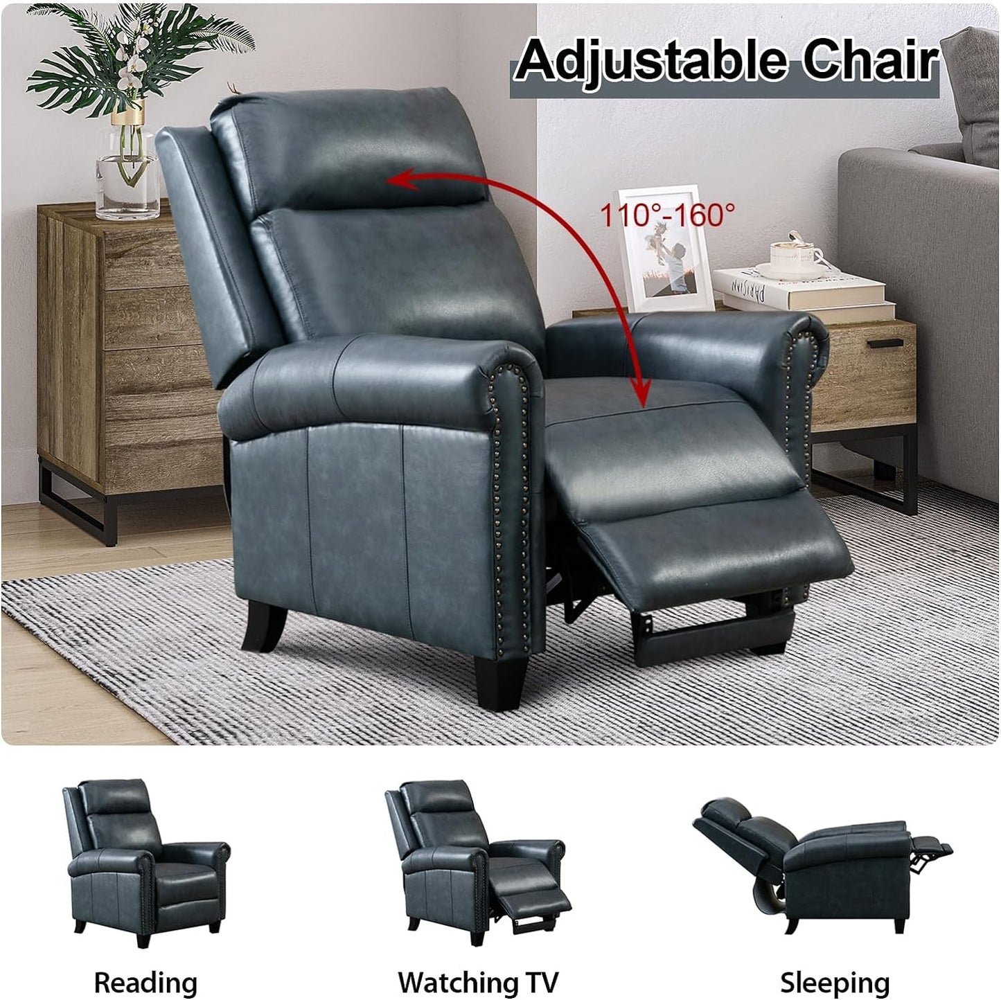 Leather Recliner Chair, Classic and Traditional Push Back Recliner Chair with Comfortable Arms and Back for Living Room Bedroom Adjustable Single Sofa, Navy Blue-2