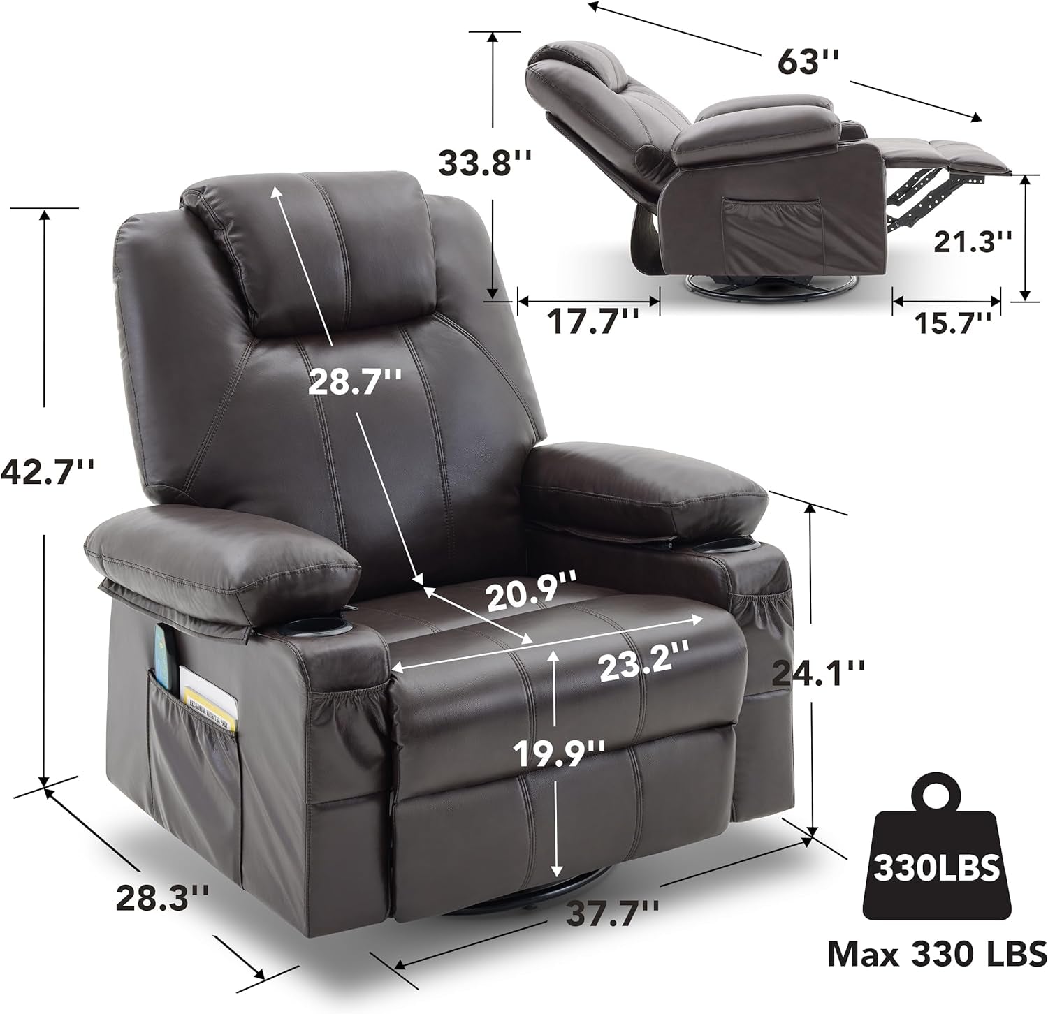 Oversized Swivel Rocker Recliner Chair with Heat and Massage, 360 Degree Swivel Rocking Single Sofa with Cup Holders and USB Port, Big Large Recliner Chair for Living Room (Leather, Brown)-1