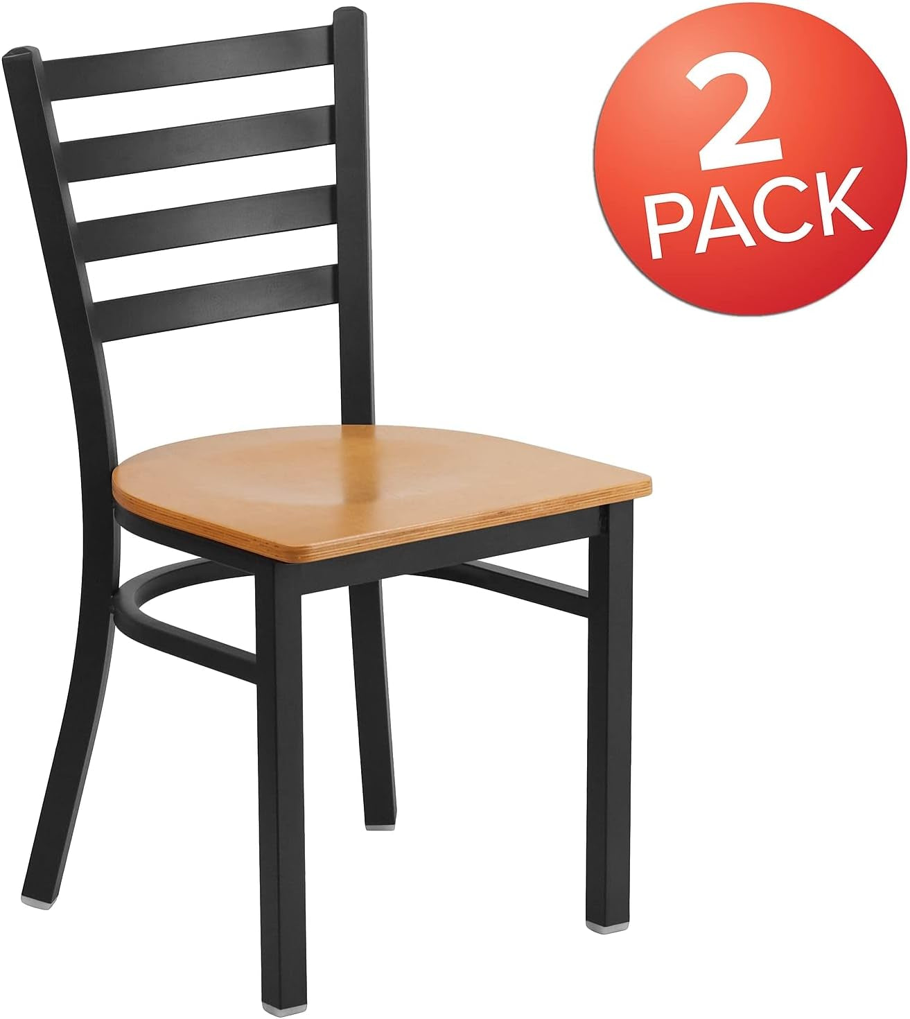 2 Pack HERCULES Series Black Ladder Back Metal Restaurant Chair - Natural Wood Seat-3