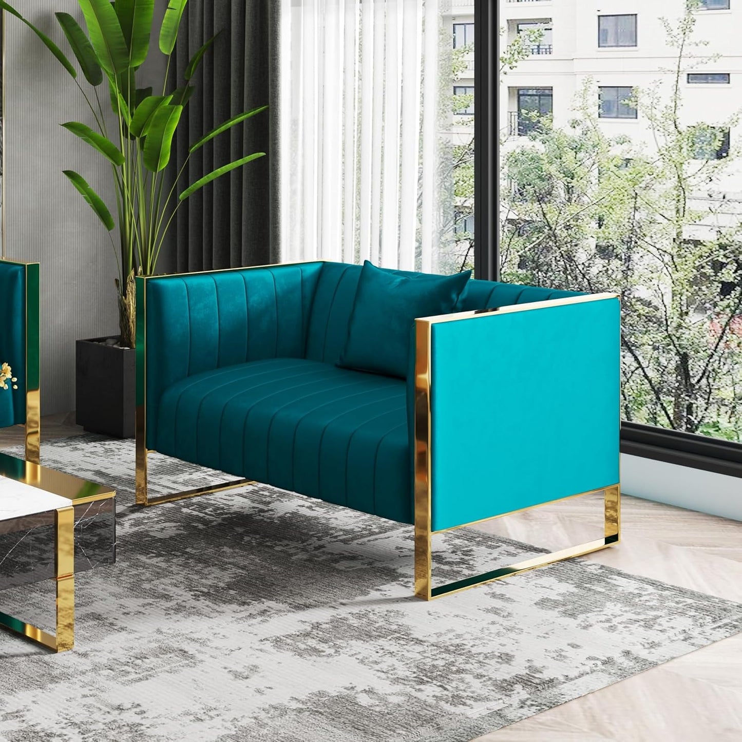 Trillium Velvet 57" Velvet Loveseat for Living Room, High-Density Foam, Vertical Channeling, Gold Stainless Steel Frame, No Assembly Required, Set of 1, Teal-2