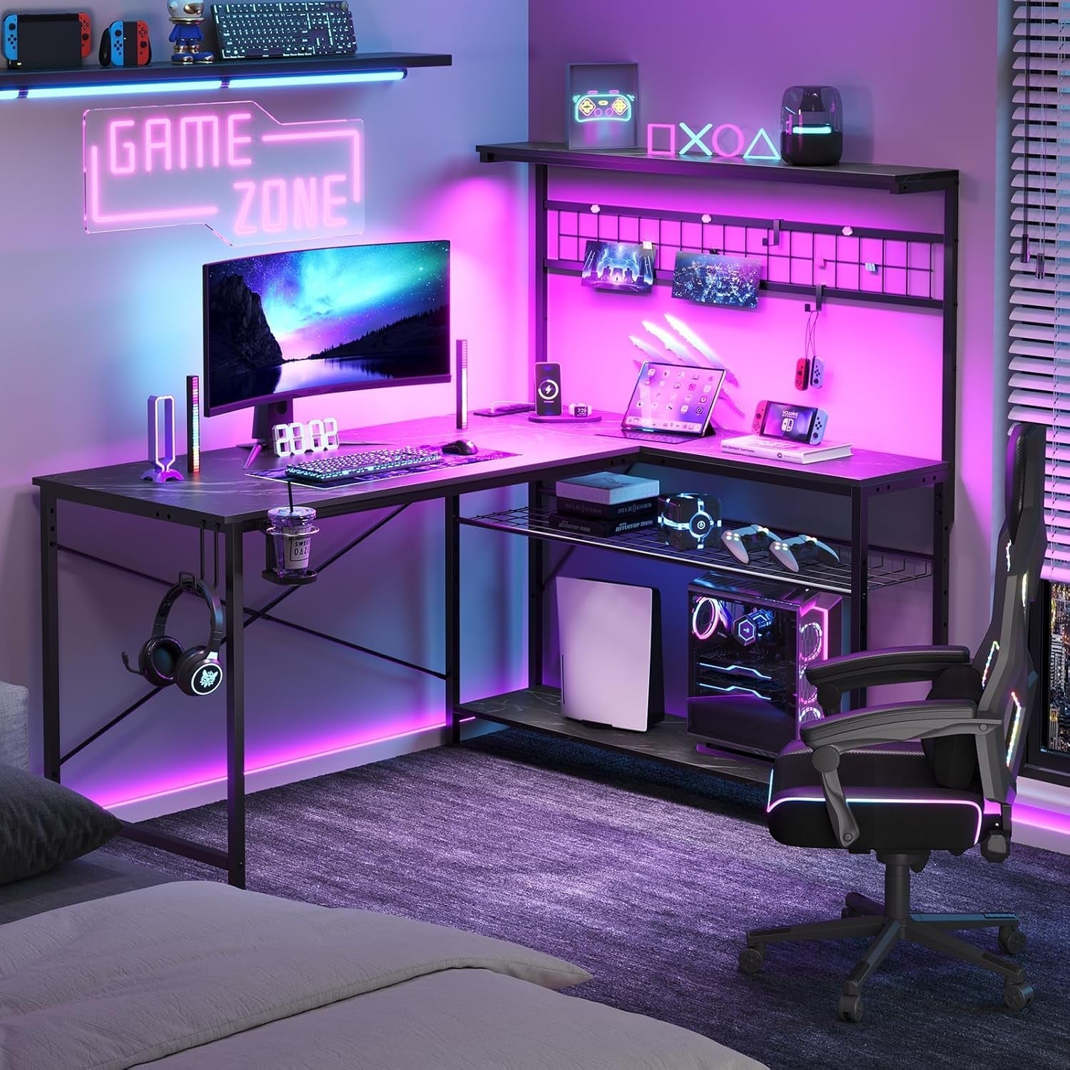 Gaming Desk 51" L-Shaped, with Power Outlets & LED Lights- 4 Tier Shelves, Reversible Gamer Table with Hooks & Cup Holder for Home Office Black Marble-3