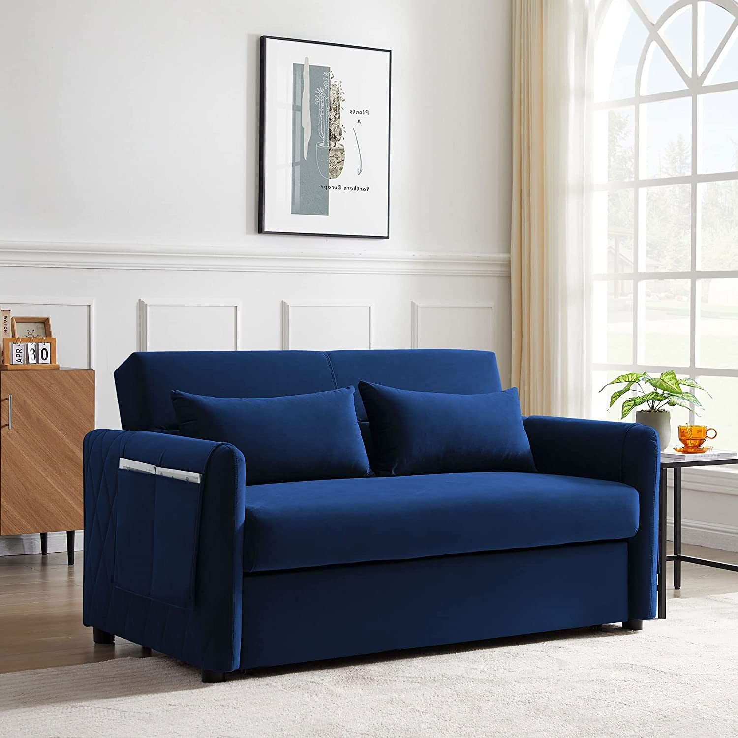 Blue Velvet Convertible Sofa Bed with Adjustable Backrest-0