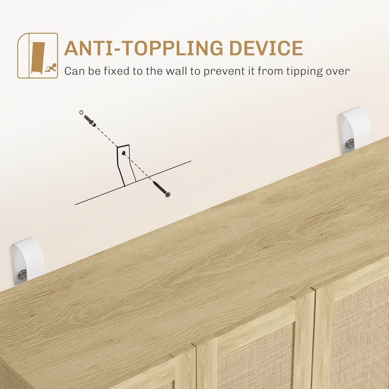 Sideboard Buffet Cabinet, Kitchen Cabinet, Coffee Bar Cabinet with 4 Rattan Doors and Adjustable Shelves, Natural-3