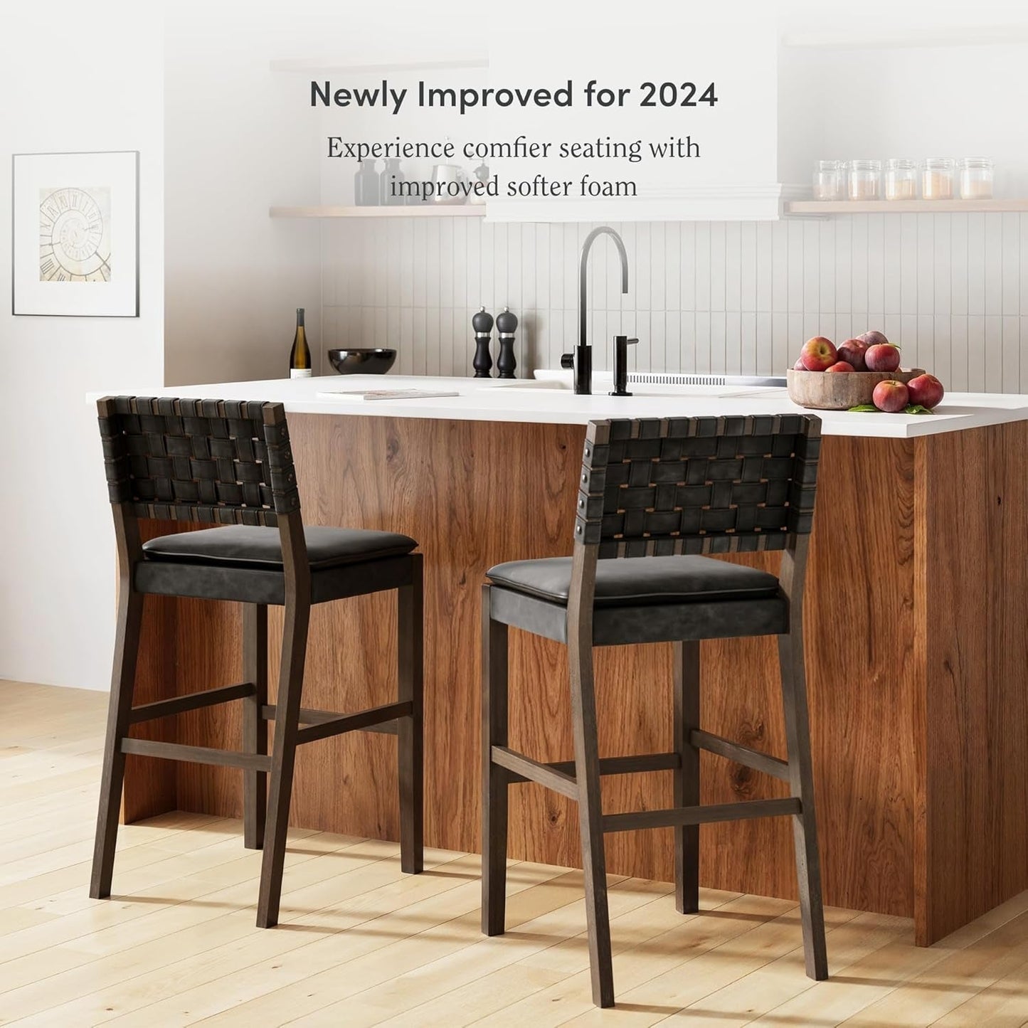 Cohen Mid-Century Modern 29 In. Wood Bar Stool, Upholstered Faux Leather Bar Height Stool with Solid Wood Frame, Black-2