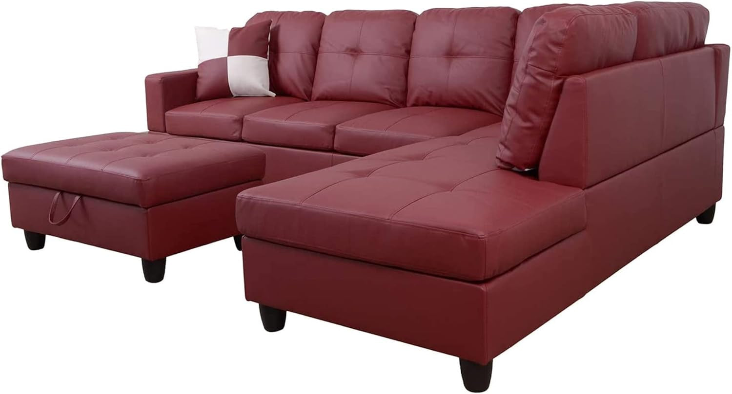 Sectional Sofa Faux Leather Modern L Shaped Couch Set 103.5”Wide Including Chaise and 3 Seating Sofa with Storage Ottoman for Living Room Furniture (Right Hand Facing, B-Red)-3