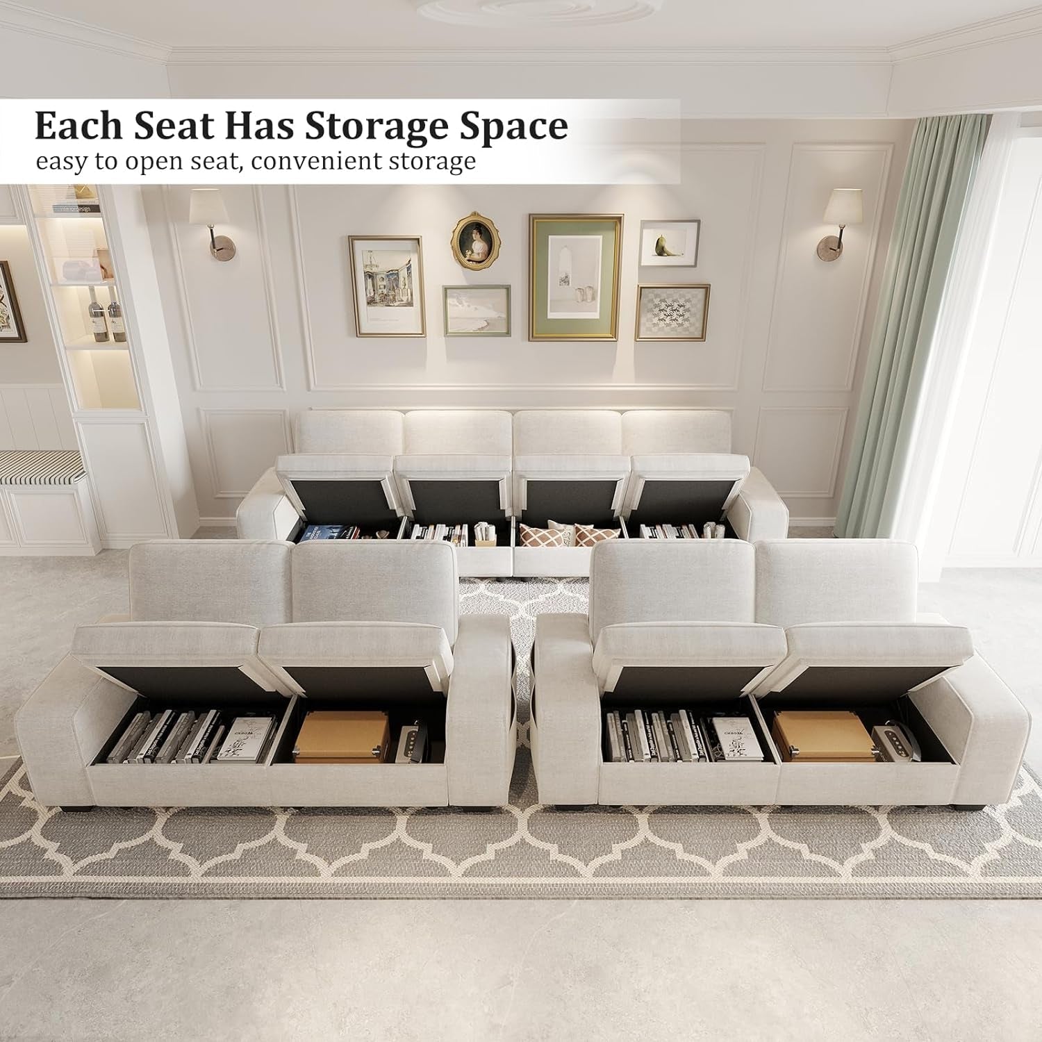 Beige U Shape Sectional Sofa for Living Room/Office 8 Seater Sofa Sets with Large Storage Space Comfy Chenille Cover (4-Seat Modular Sofa & 2×Loveseat Couch)-4