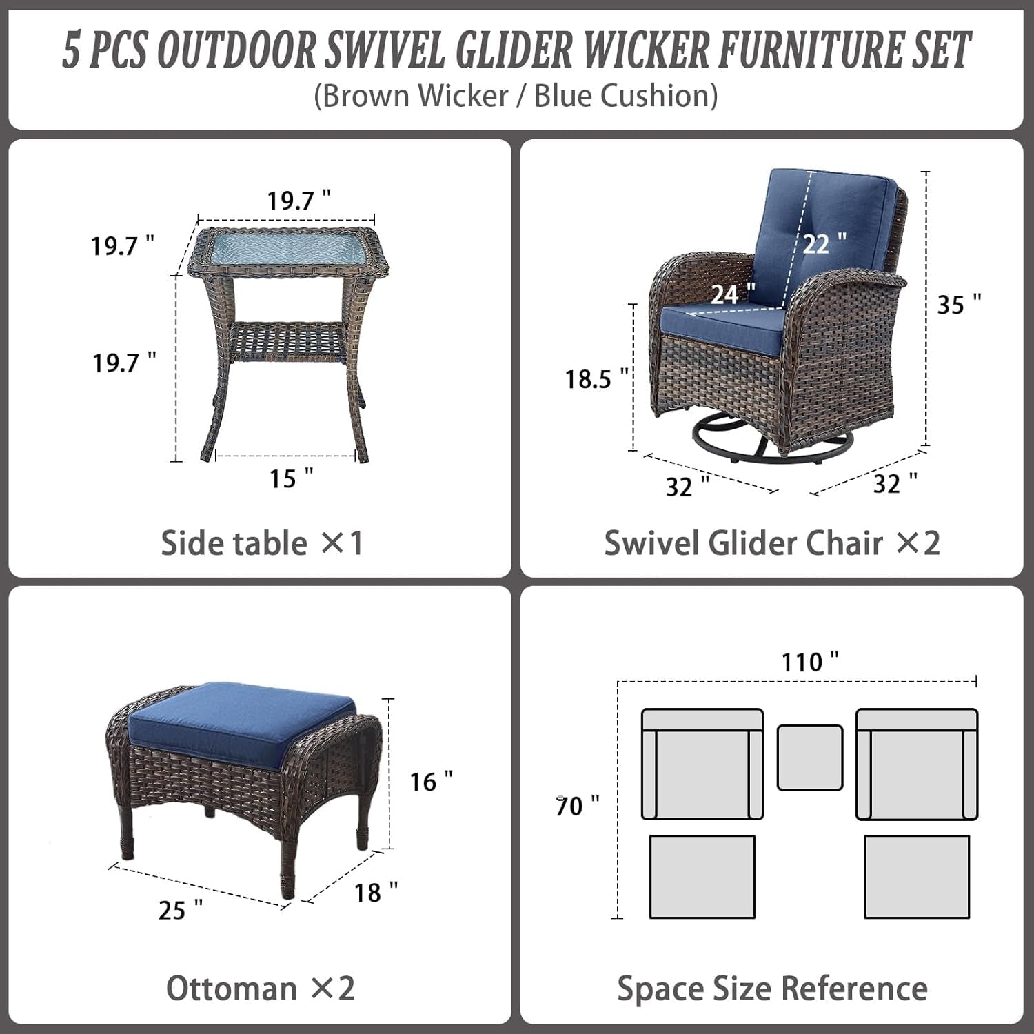Small Conversation Sets Patio Funiture - 5 Piece Outdoor Swivel Rocker Wicker Furniture Sets with Ottomans Side Table Perfect for Patio Deck Backyard, Brown Wicker Blue Cushion-1