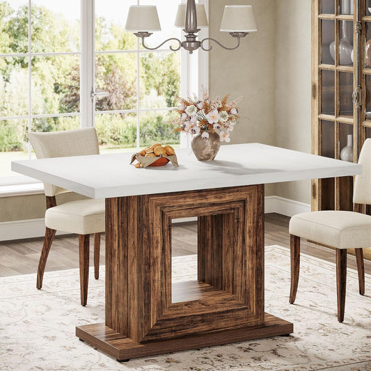 47-Inch Farmhouse Dining Table for 4, White Kitchen Dinner Table with Heavy Duty Pedestal, Rustic Wooden Eating Table for Home, Dining Room, Small Space, White & Brown-0