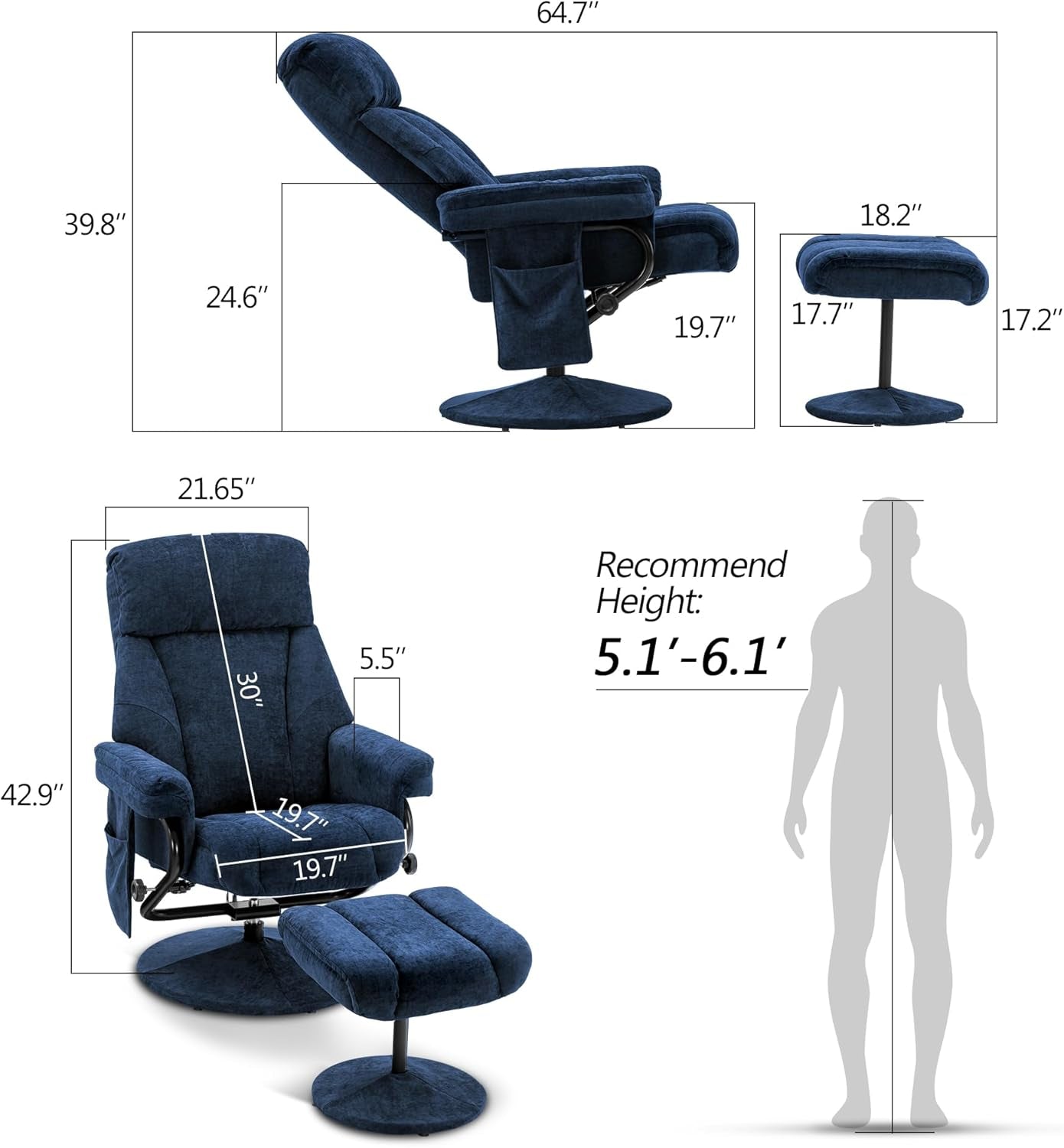Swivel Recliner with Ottoman, TV Chair with Vibration Massage, Ideal for RV Small Space, Living Room & Bedroom 4539 4828 (Textile, Blue)-2
