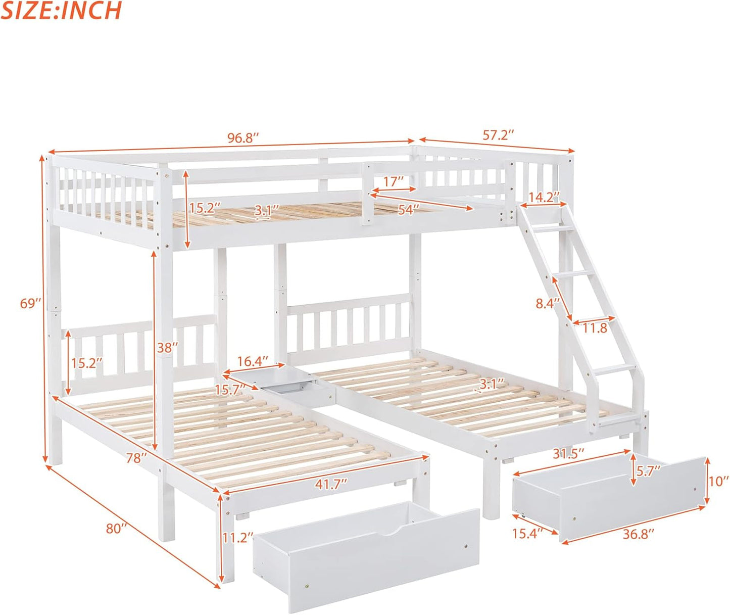Full over Twin & Twin Bunk Bed, Wood Triple Bunk Bed with Drawers and Guardrails (White)-1
