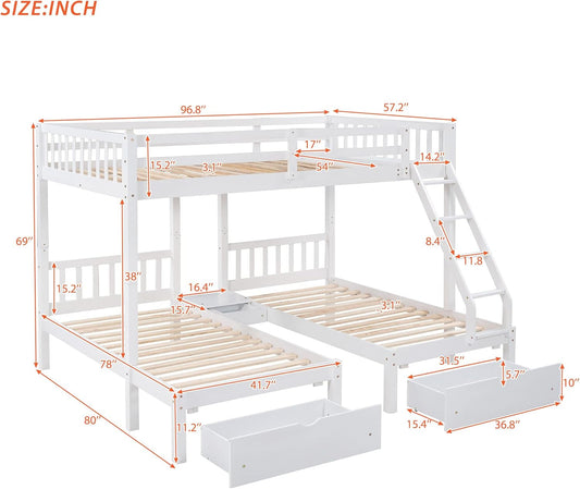 Full over Twin & Twin Bunk Bed, Wood Triple Bunk Bed with Drawers and Guardrails (White)-1