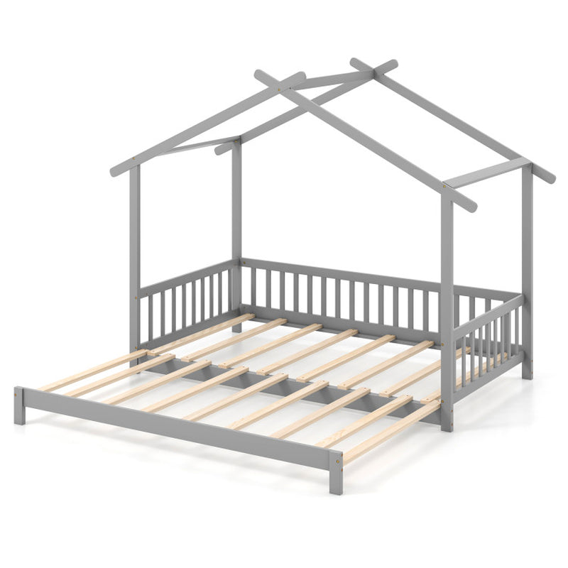 Extendable House Bed Twin to King Daybed with Roof and Fence Rails-2