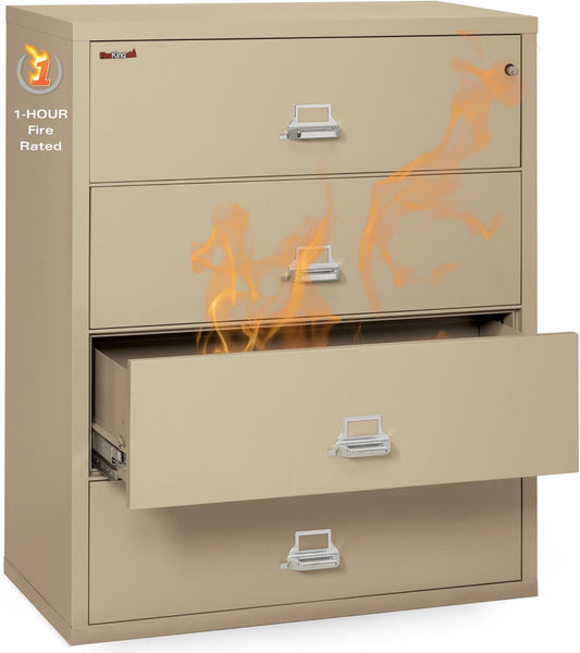 Lateral 4 Drawer Legal and Letter Fire Safe File Cabinet with Key Lock, 1 Hour Fire Rated, UL Rated & Water Resistant Home Safe, Filing Cabinet, Made in the USA, Parchment-0