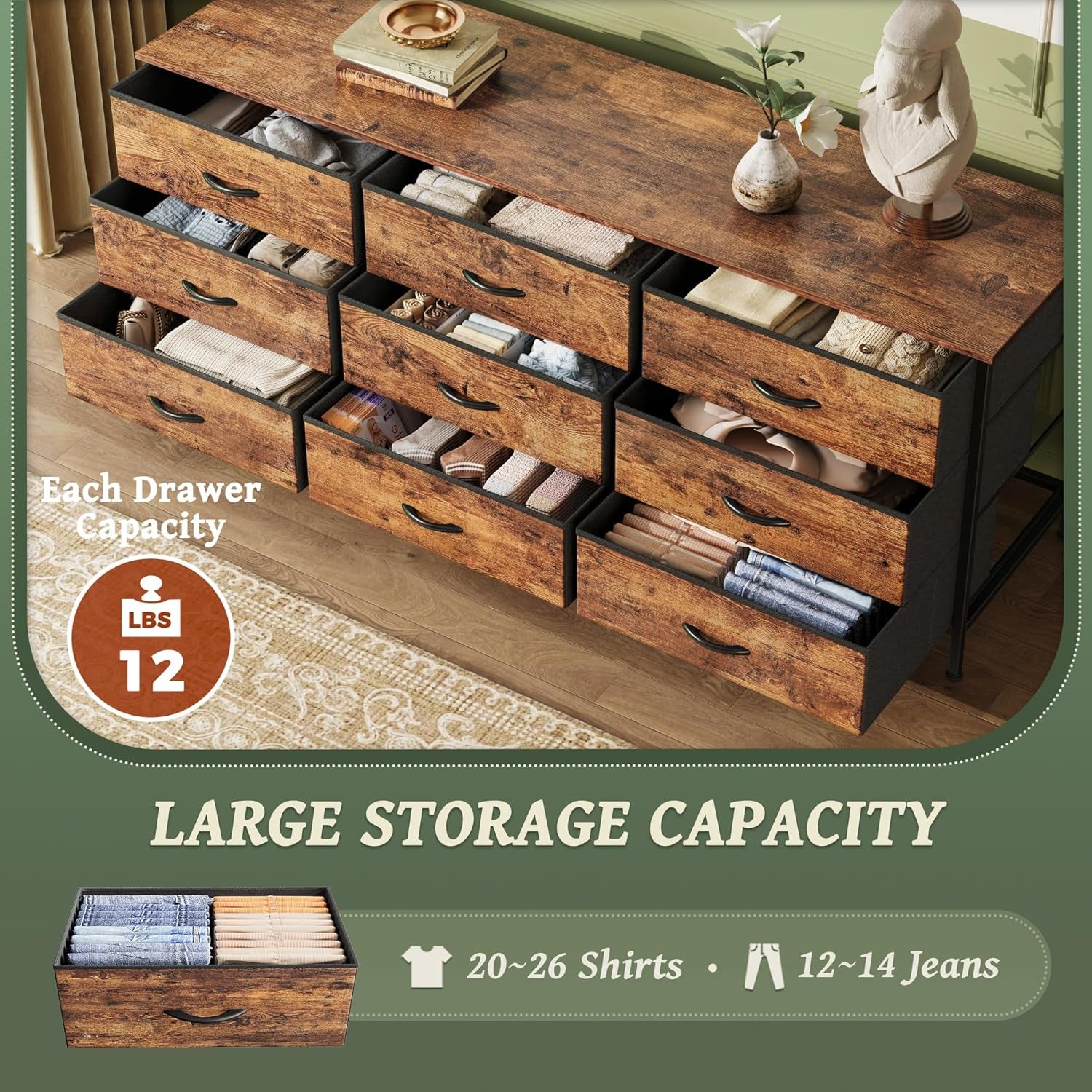 9 Drawer Dresser, 55 Inch Dresser TV Stand for 55, 60 Inch TV, Entertainment Center with Drawers, Large Storage Fabric Dresser for Bedroom, Closet, Rustic Brown-3