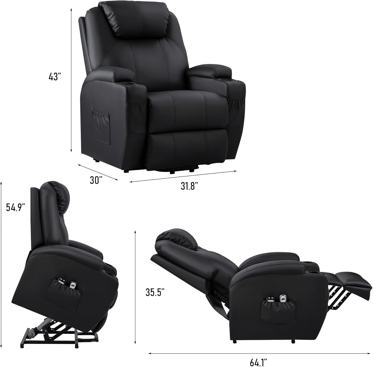 Power Lift Recliner Chair with Massage for Elderly PU Leather Modern Reclining Sofa Chair with Cup Holders, Remote Control, Adjustable Furniture (Black)-2