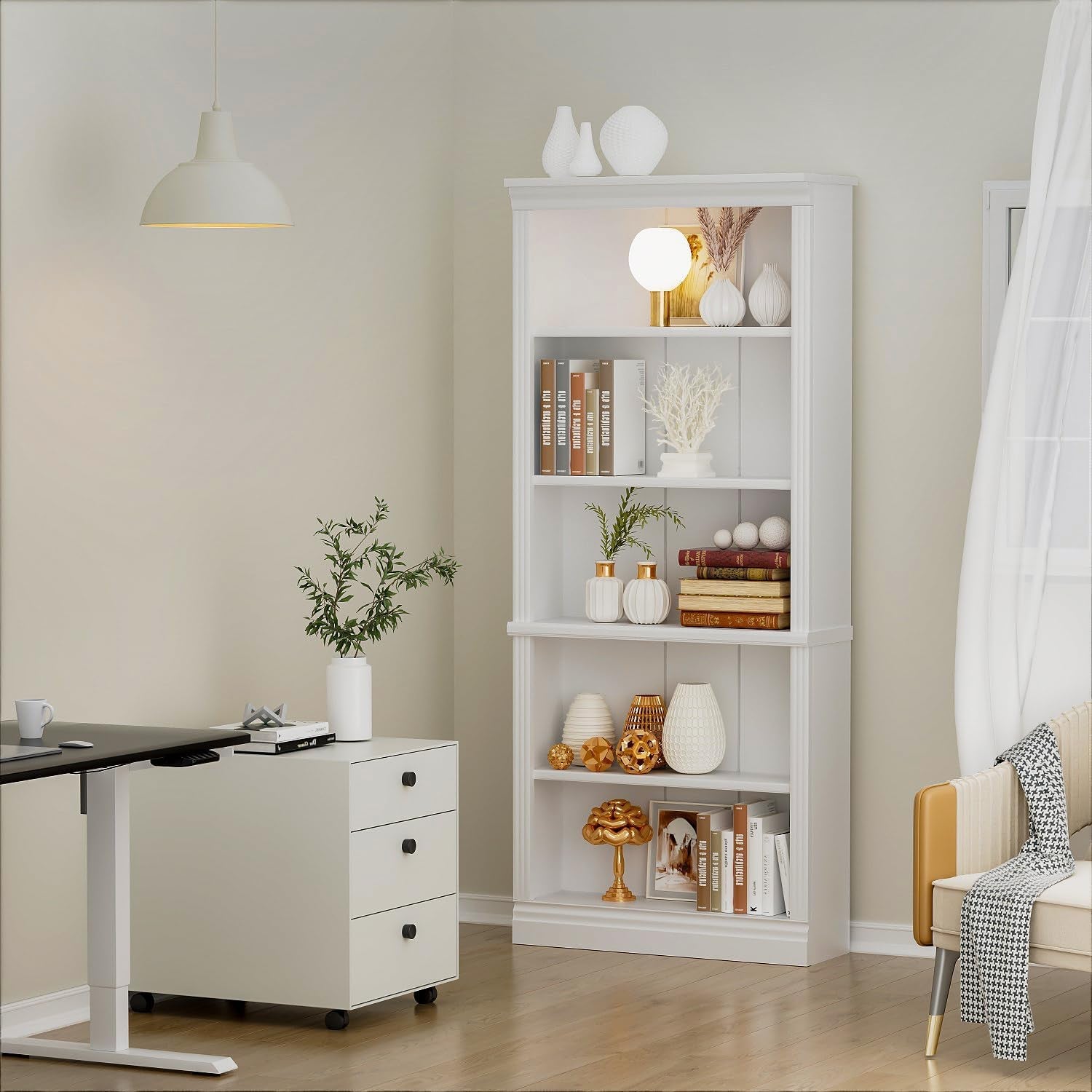 5-Shelf Bookcase, Wooden Standing Rack Book Storage Shelves Furniture Selection for Living Room, Bedroom, Home Office (White)-2