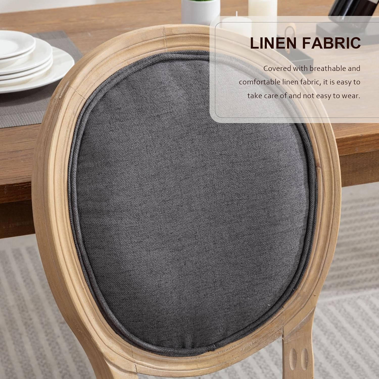 Upholstered Dining Chairs Set of 6 French Country Oval Fabric Back Kitchen Side Chair with Wood Legs for Dining Room, Kitchen, Restaurant(Dark Grey-Fabric)-4