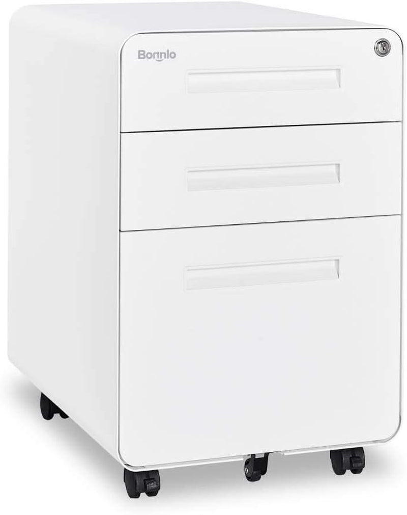 23.8" H 3 Drawer Rolling File Cabinet with Lock, Mobile File Cabinet under Desk with Pencil Tray, White Locking File Cabinet for Home Office, Metal Filing Cabinet Printer Stand Fully Assembled-0