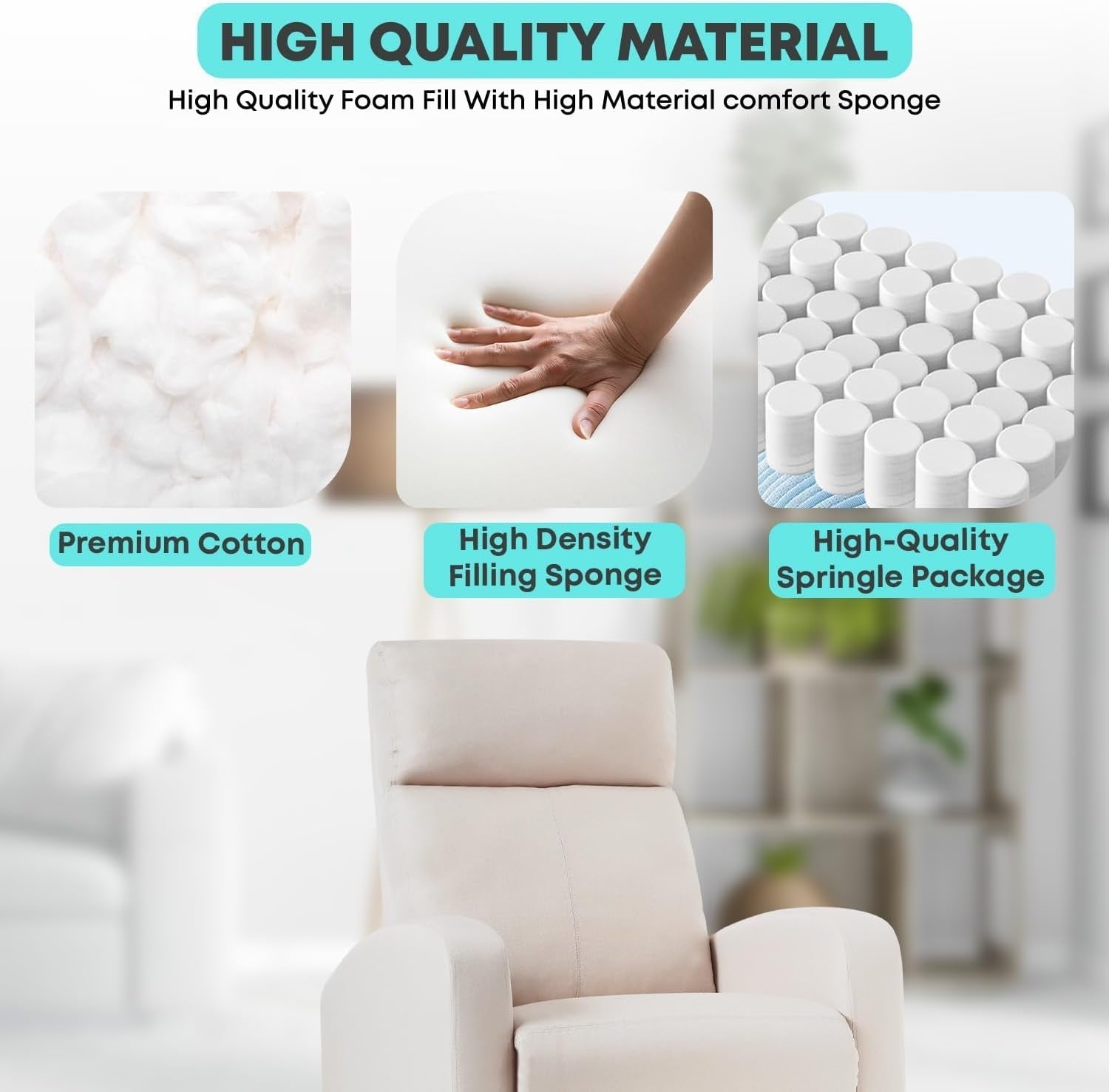 Recliner Chair Home Theater Seating Reclining Sofa Push Back Recliner with Lumbar Support and Fabric Padded Seat Backrest for Living Room (Fabric Beige)-4