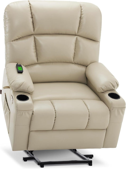 Medium-Wide Lay Flat Dual Motor Power Lift Recliner Chair Sofa with Massage and Heat for Elderly People, Infinite Position, Faux Leather R7677 (Beige, Medium-Wide)-0