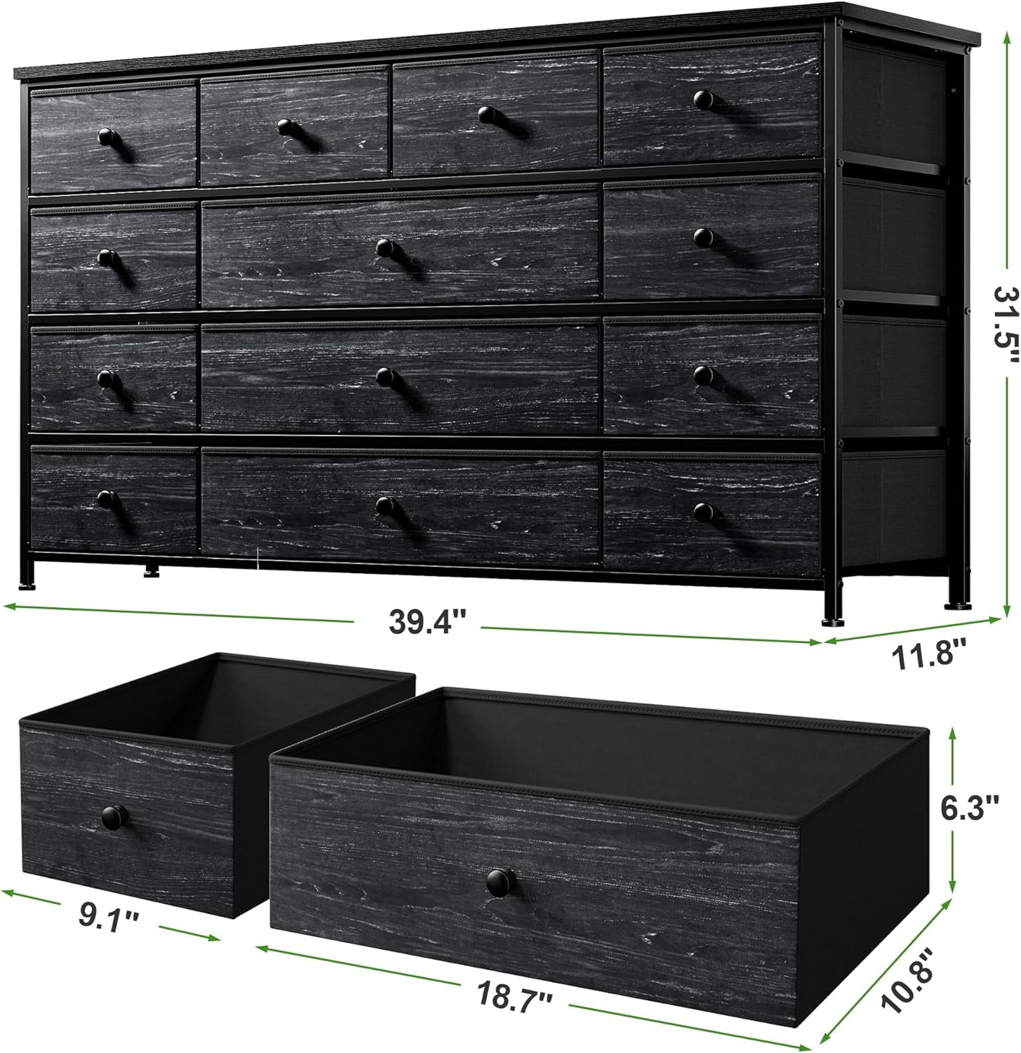 Black Dresser, Dresser for Bedroom with 13 Storage Drawers, Dressers & Chests of Drawers for 55" TV, Black Dresser for Bedroom, Long Dresser for Closet, Entryway-2