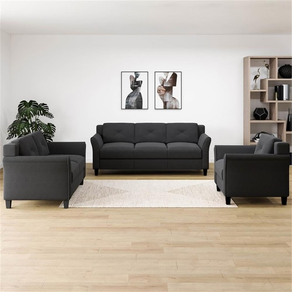 3-Piece Set with Microfiber Chair & Loveseat & Sofa in Black-4