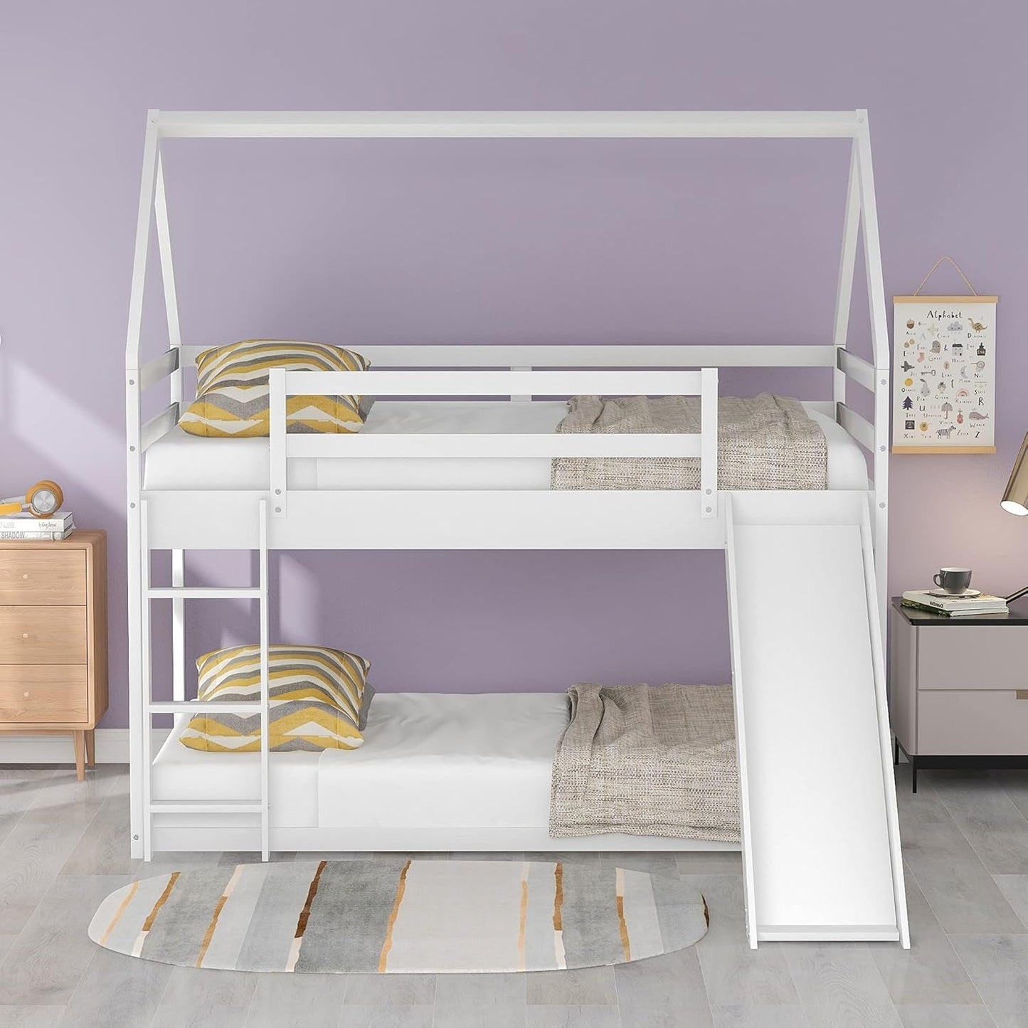 Twin over Twin Low Bunk Bed with Slide, Solid Wood House Bunk Bed for Kids Girls Boys (White)-2