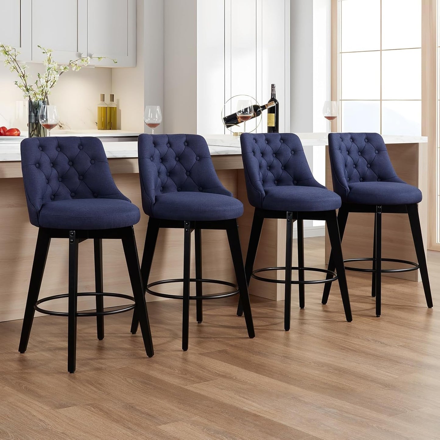 Swivel Bar Stools Set of 4, Linen Counter Height Bar Stools with Back, Wooden Bar Stools for Kitchen Island, Upholstered Bar Stools (Navy Blue)-0