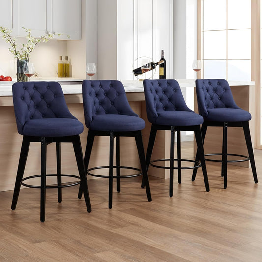 Swivel Bar Stools Set of 4, Linen Counter Height Bar Stools with Back, Wooden Bar Stools for Kitchen Island, Upholstered Bar Stools (Navy Blue)-0