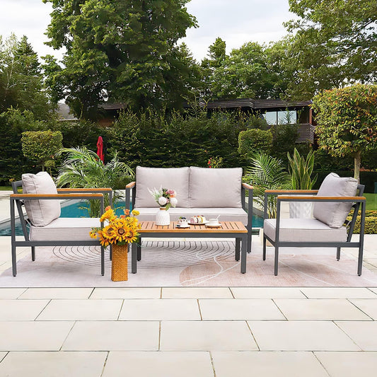 Patio Furniture 4 Pieces, Outdoor Conversation Set with Acacia and Metal Coffee Table, Loveseat and 2 Single Chairs, for Yard, Garden, Porch, Beige-1