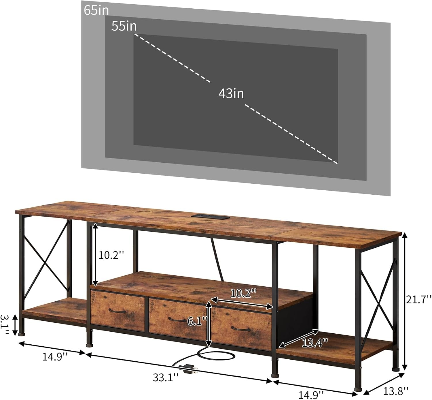 TV Stand for 65 60 70 Inch TV Entertainment Center with Power Outlets and Fabric Drawers, TV Console Table with Metal Frame Storage Shelves for Living Room, Bedroom - 63" Rustic Brown-1