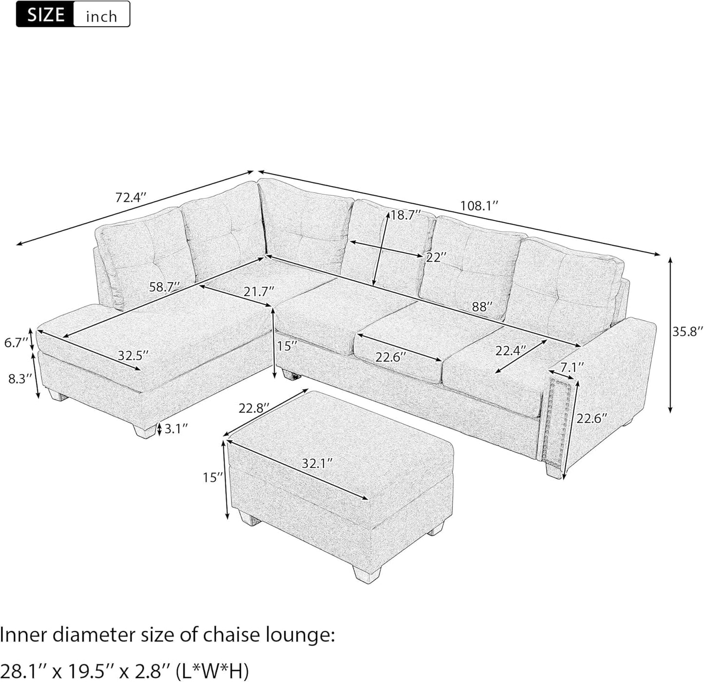 108.1Inch Sectional Sofas Rivet Ornament 3-Seat Sofa Sectional Sofa Couches with Reversible Chaise Storage Ottoman and 2 Cup Holders, Sofa Lounge and Ottoman for Living Room Furniture-1