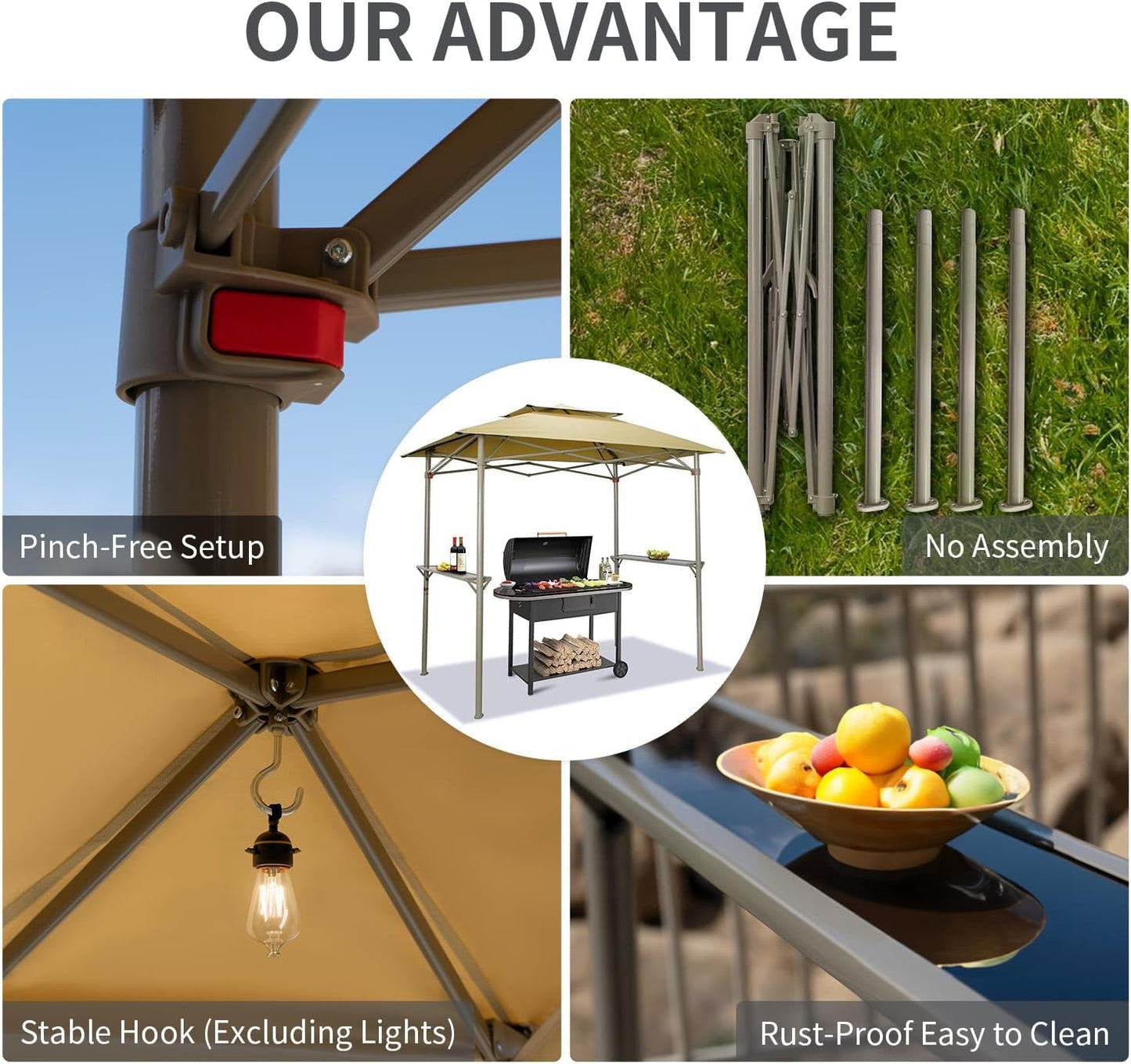 8X5 Grill Gazebo - Pop up Canopy for BBQ and Backyard Patio - Easy Outdoor Barbecue Shade Cover with Double Tier Vented Top & 2 Side Shelves (Beige)-4