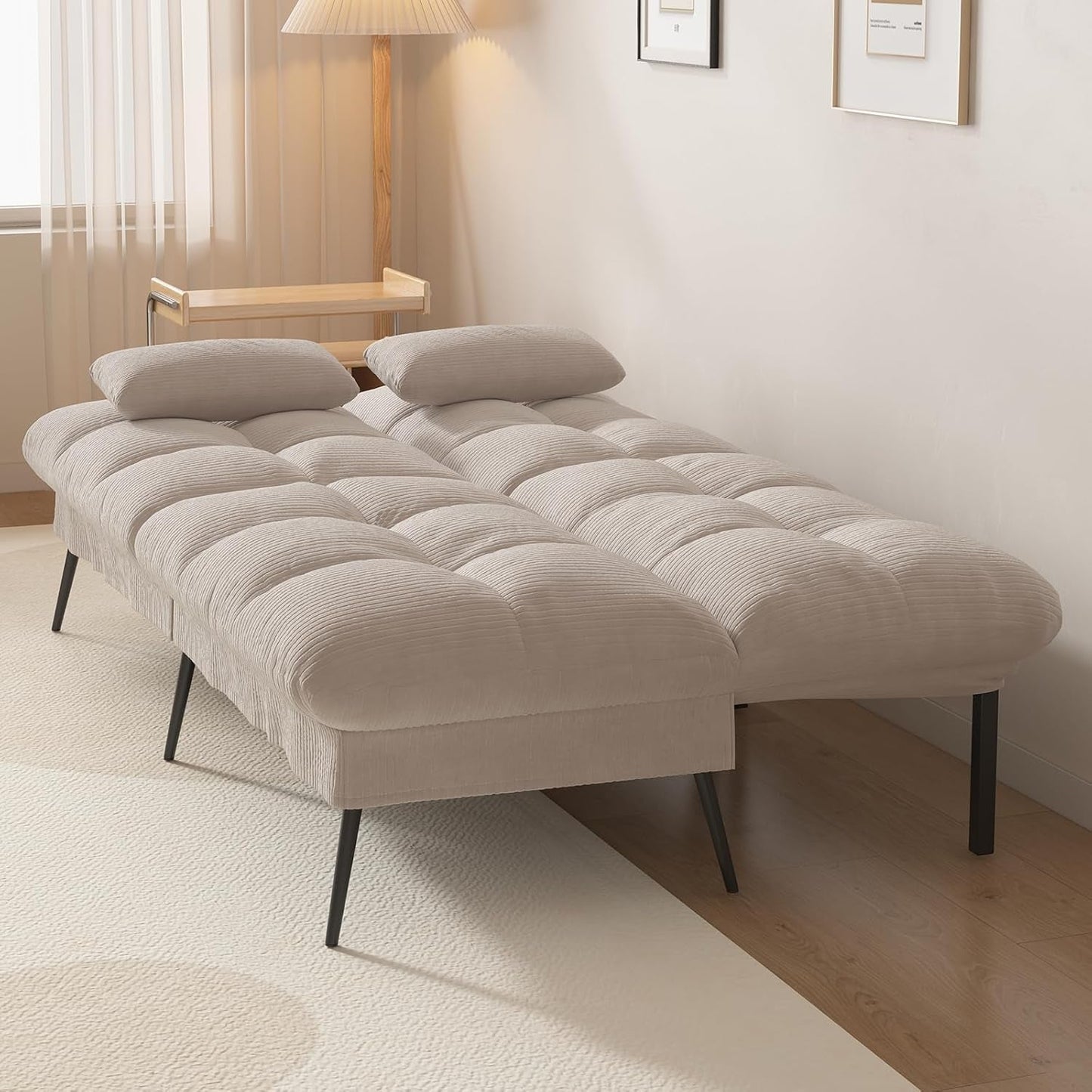 Convertible Futon Sofa Bed, 68" Corduroy Futon Couch with Adjustable Backrest, Folding Futon Loveseat for Living Room, Bedroom (Cream)-4