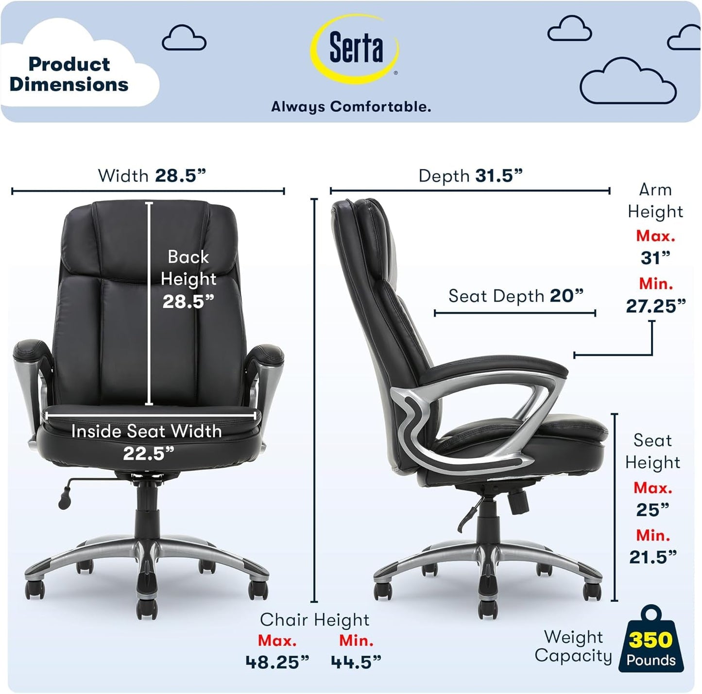 Fairbanks Big and Tall High Back Executive Office Ergonomic Gaming Computer Chair with Layered Body Pillows, Contoured Lumbar Zone, Black-2
