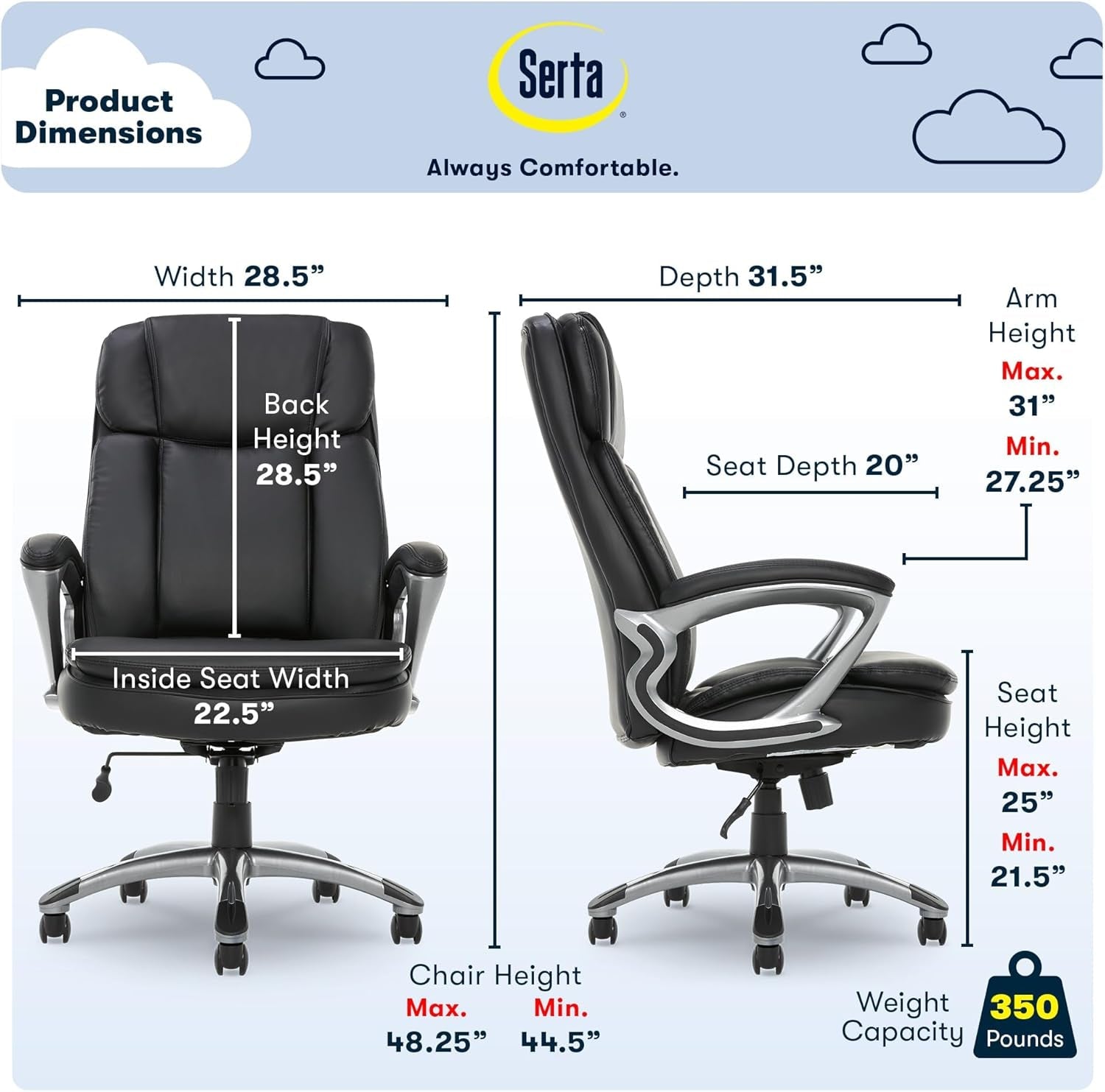 Fairbanks Big and Tall High Back Executive Office Ergonomic Gaming Computer Chair with Layered Body Pillows, Contoured Lumbar Zone, Black-2
