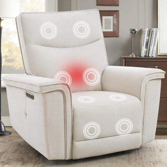 Oversized Power Recliner Chair with Massage and Heat, Upgraded Chenille 44'' Extra Wide Recliner Chairs for Adults with Power Headrest, Electric Recliner for Living Room, Beige-0