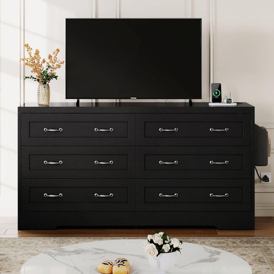 Drawers TV Stand for 65 Inches with Power Outlets -Chest of Drawers Dresser with Side Organizer Bag Entertainment Center TV Console, Black-0