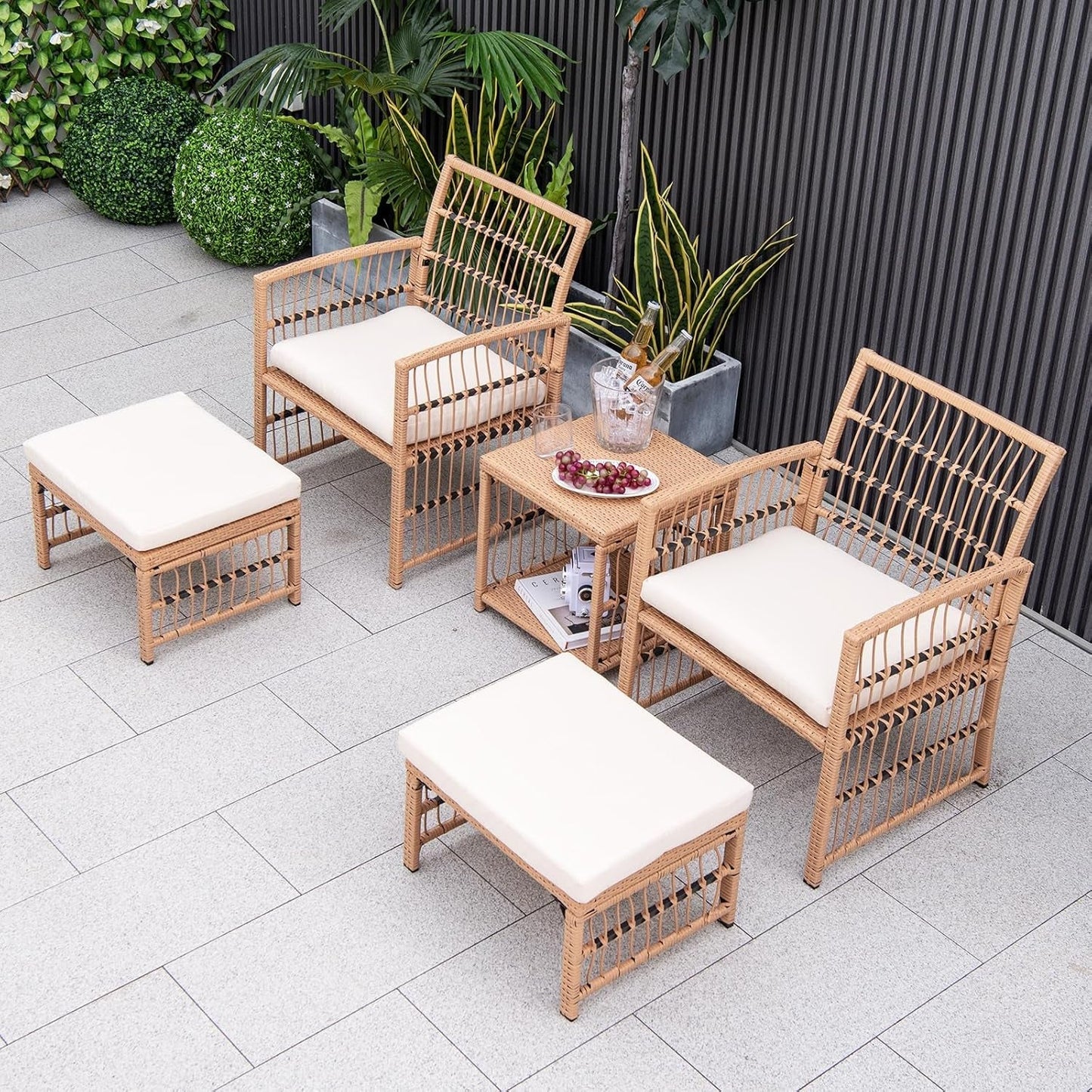 5 Piece Patio Wicker Sofa Set, Outdoor Rattan Conversation Set with Seat Cushions, 2-Tier Coffee Table & 2 Ottomans, Wicker Sofa Set for Backyard, Poolside (Natural)-2