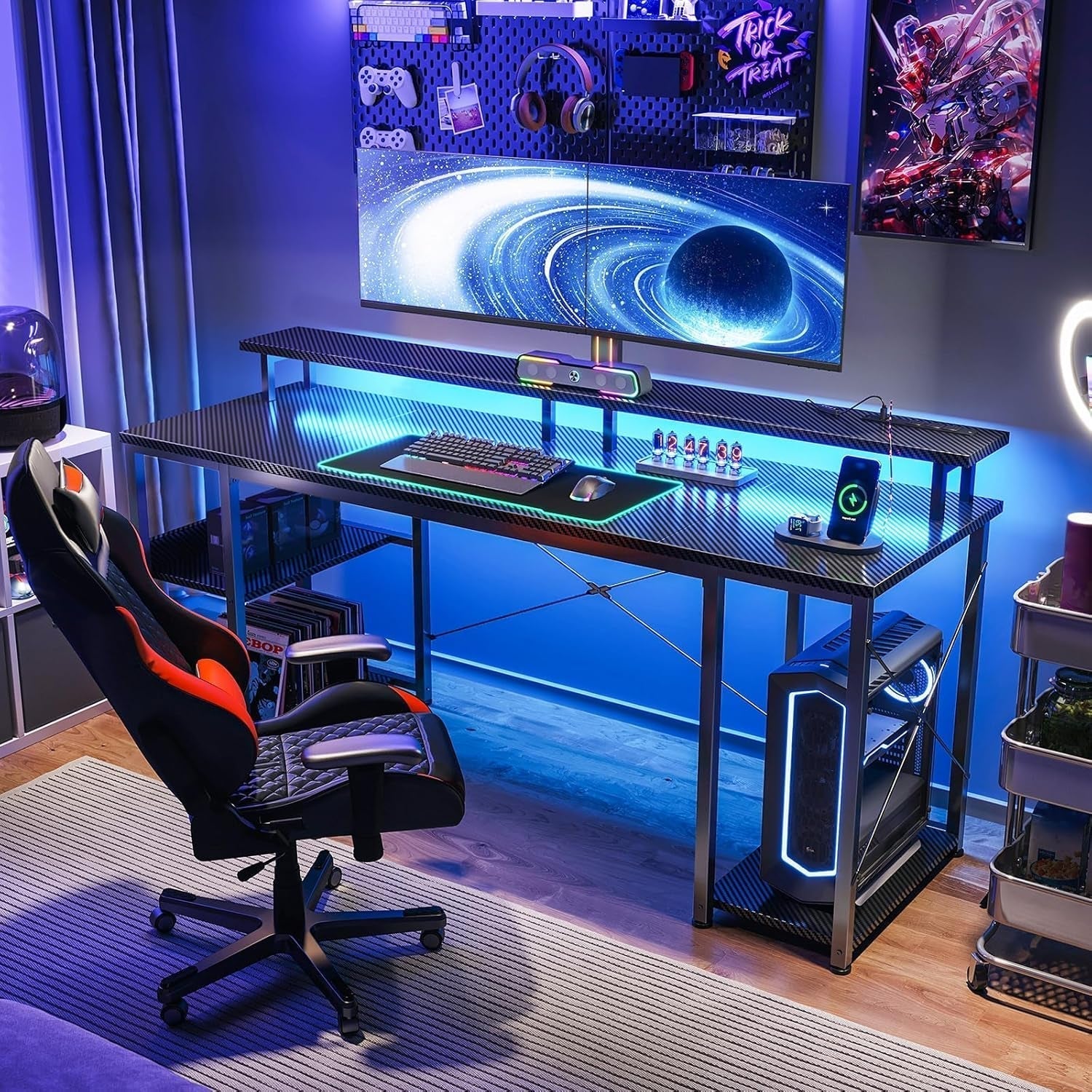 48 Inch Computer Desk with Power Outlets & LED Lights, Gaming Desk with Monitor Stand & Storage Sheves, Home Office Desk, Carbon Fiber Black-4