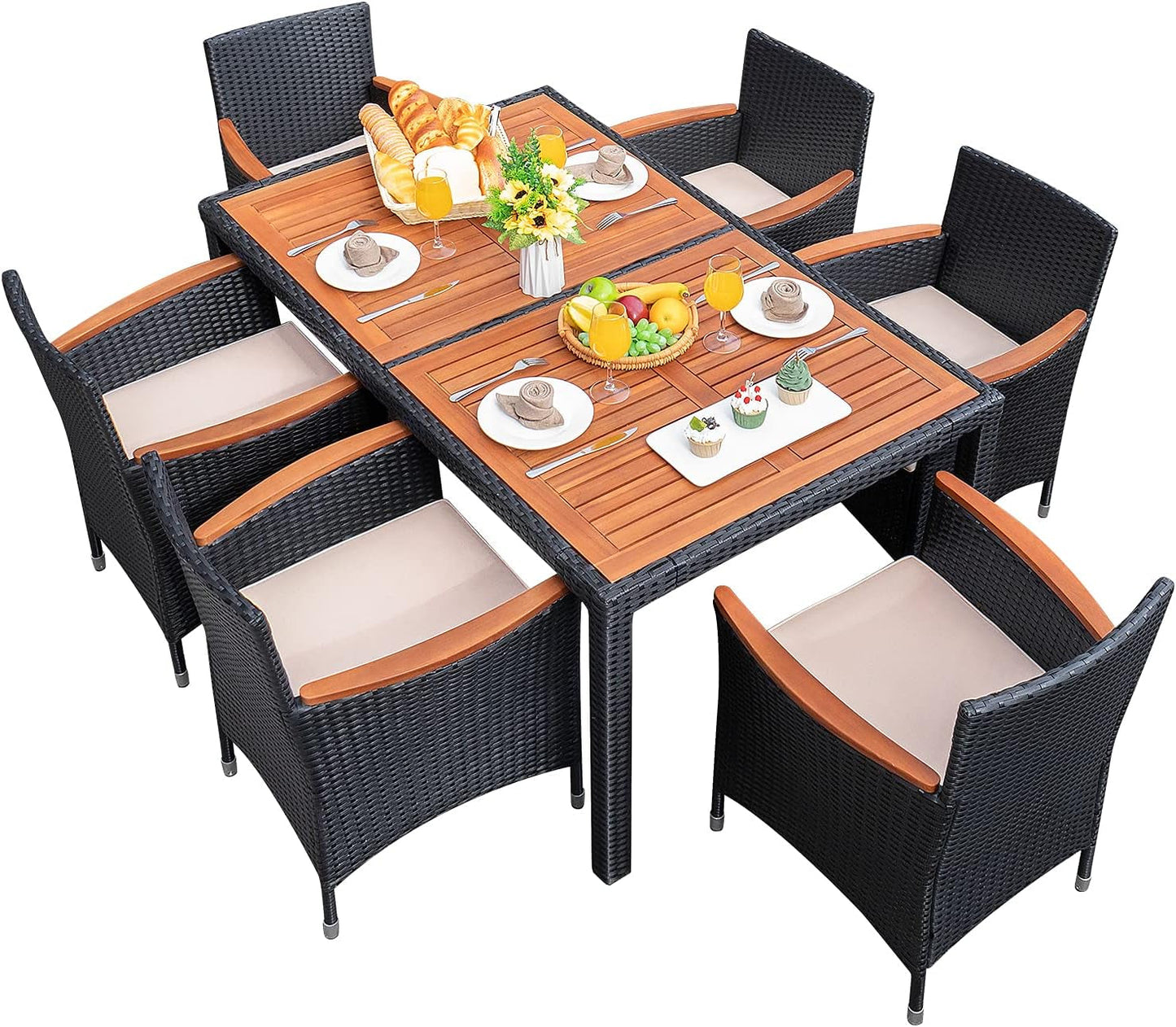 7 Piece Rattan Dining Set Wood Table-1