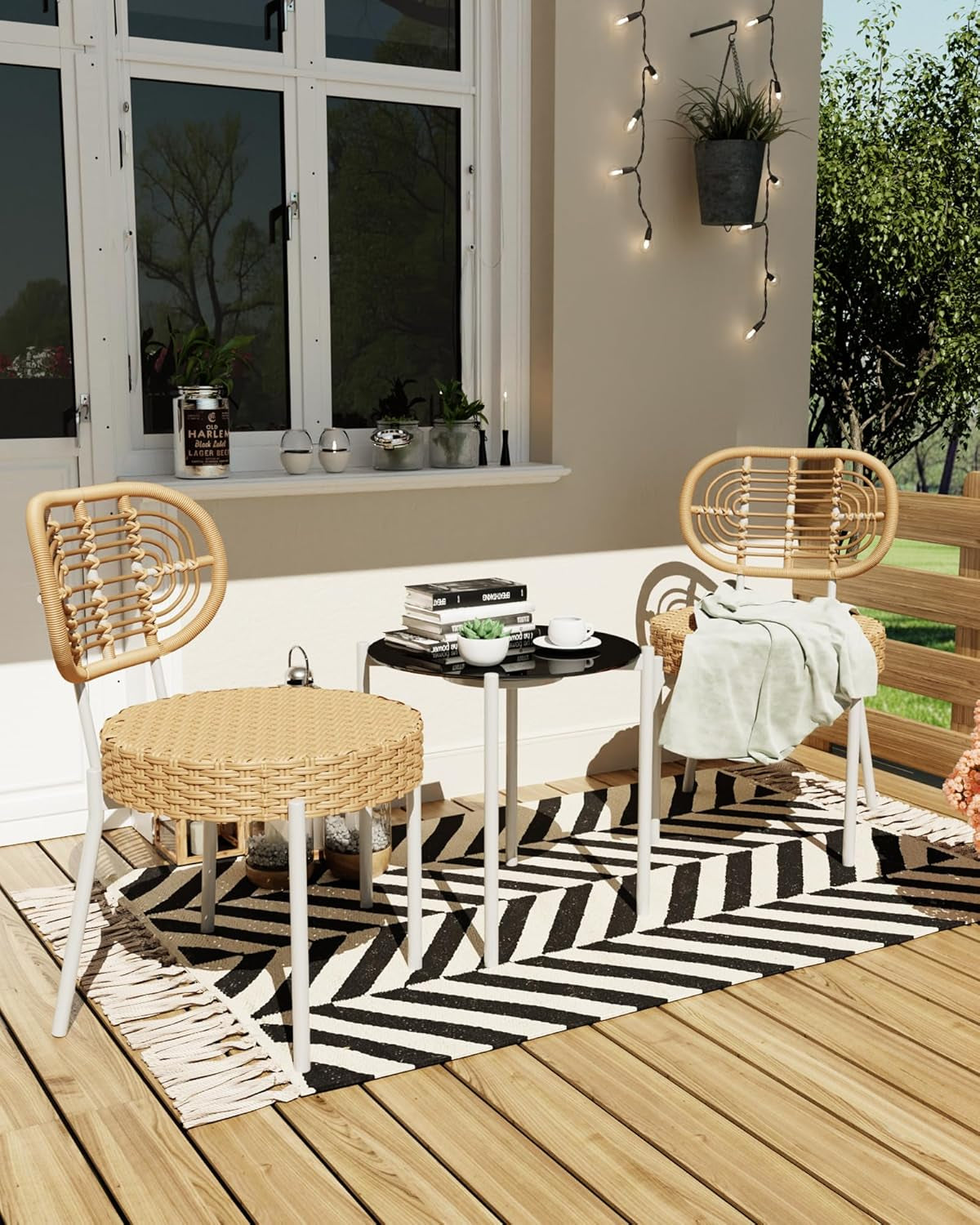 3 Pieces Patio Set, Outdoor Wicker Bistro Set All-Weather Rattan Deck Conversation Set of 3 with Table & Cushions for Deck, Patio, Balcony, Backyard, Brown & White-1